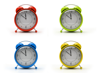 red green blue and yellow alarm clocks