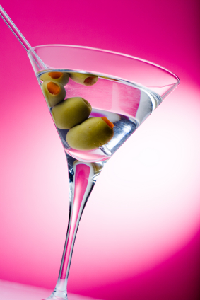 pink cocktail and green olives