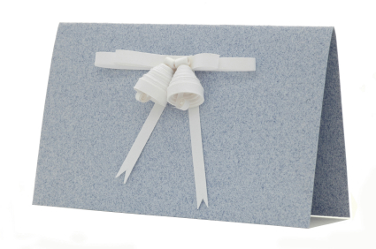 blue wedding invitation with a white bow