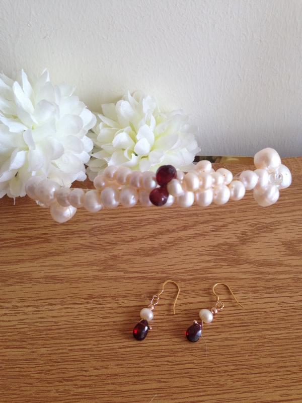 Cultured pearl and garnet matching set.
