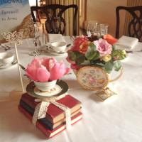 Vintage teapot & books table centrepiece