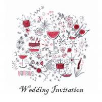 Doodles red wedding invitation