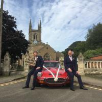 Groom with the E-Type, nearly married