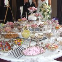 Vintage Wedding sweets and candy buffet table with 34 varieties for 125 guests in Stratford