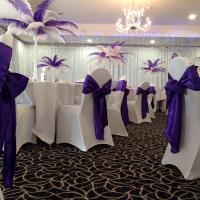 Sketchley Grange Hinckley wedding breakfast, pretty in purple with feather centerpieces, backdrop and much more