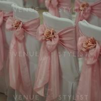 Chair Cover with Pink Sashes and Dusky Pink Roses venue dressers Manchester 