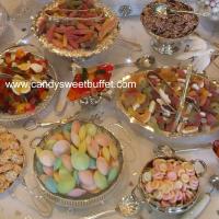Vintage wedding sweets table with 35 varieties, silver spoons and tongs